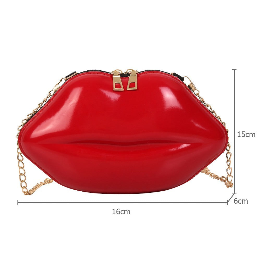 Lips Shaped Clutch Bag Women Red Patent Leather Crossbody Purse Gold Chain