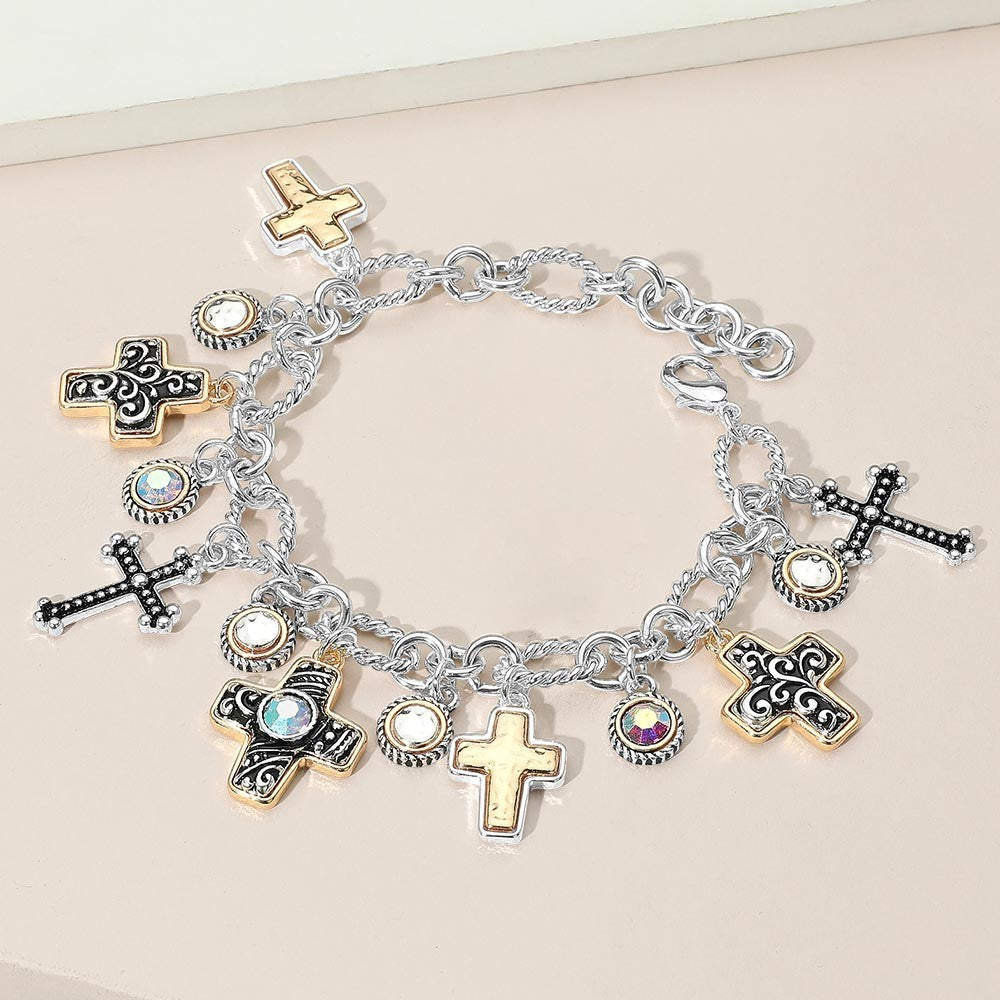 2PC Religious Cross Charm Bracelet Silver Tone Chain Gold Black Christian Set