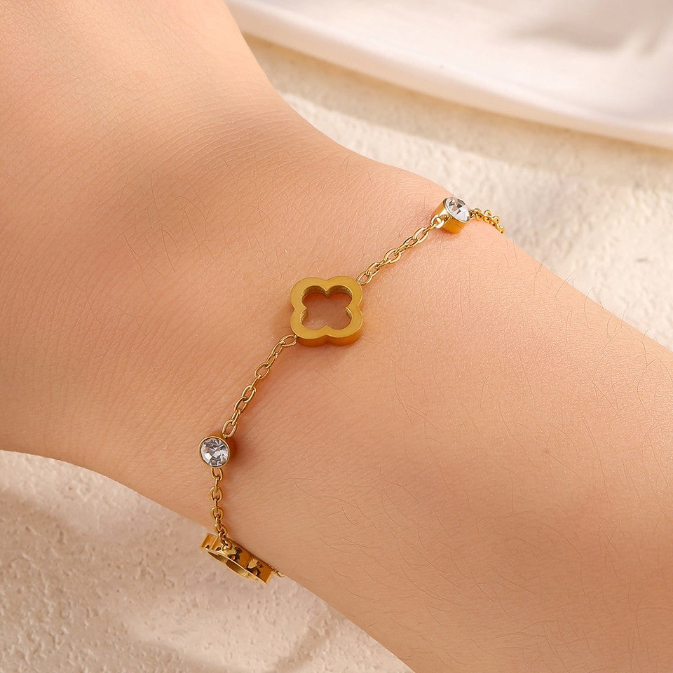 2PC Clover Charm Bracelet Set Gold & Silver Tone Stainless Steel Dainty CZ Gift
