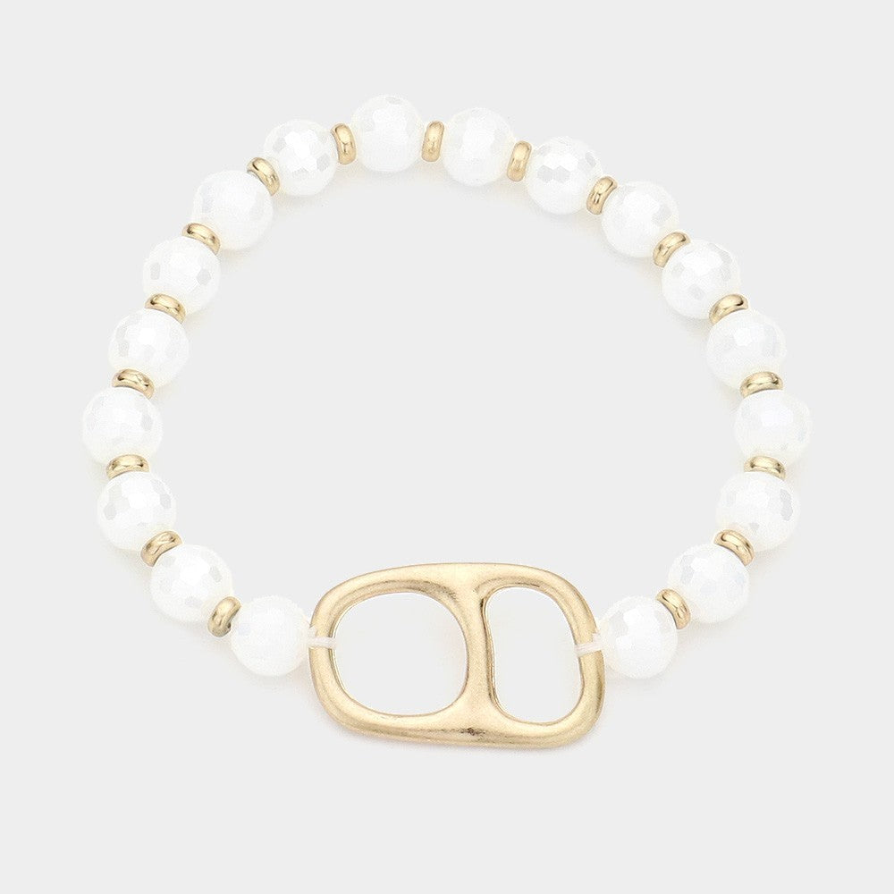 2-in-1 White and Pink Faceted Beaded Stretch Bracelet Set with Gold Accent