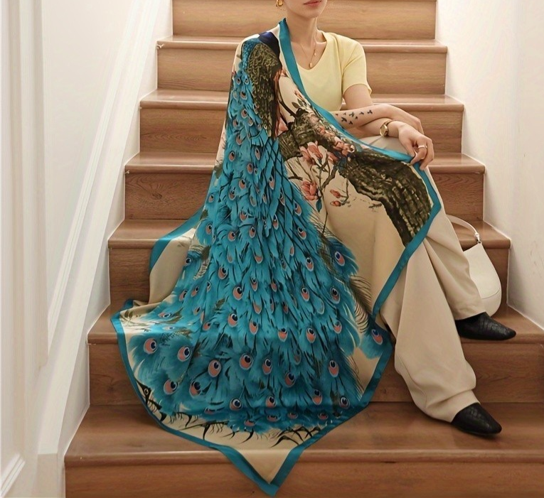 Beautiful 35" Peacock Silk Square Scarf - Large Head Neck Bag Wrap