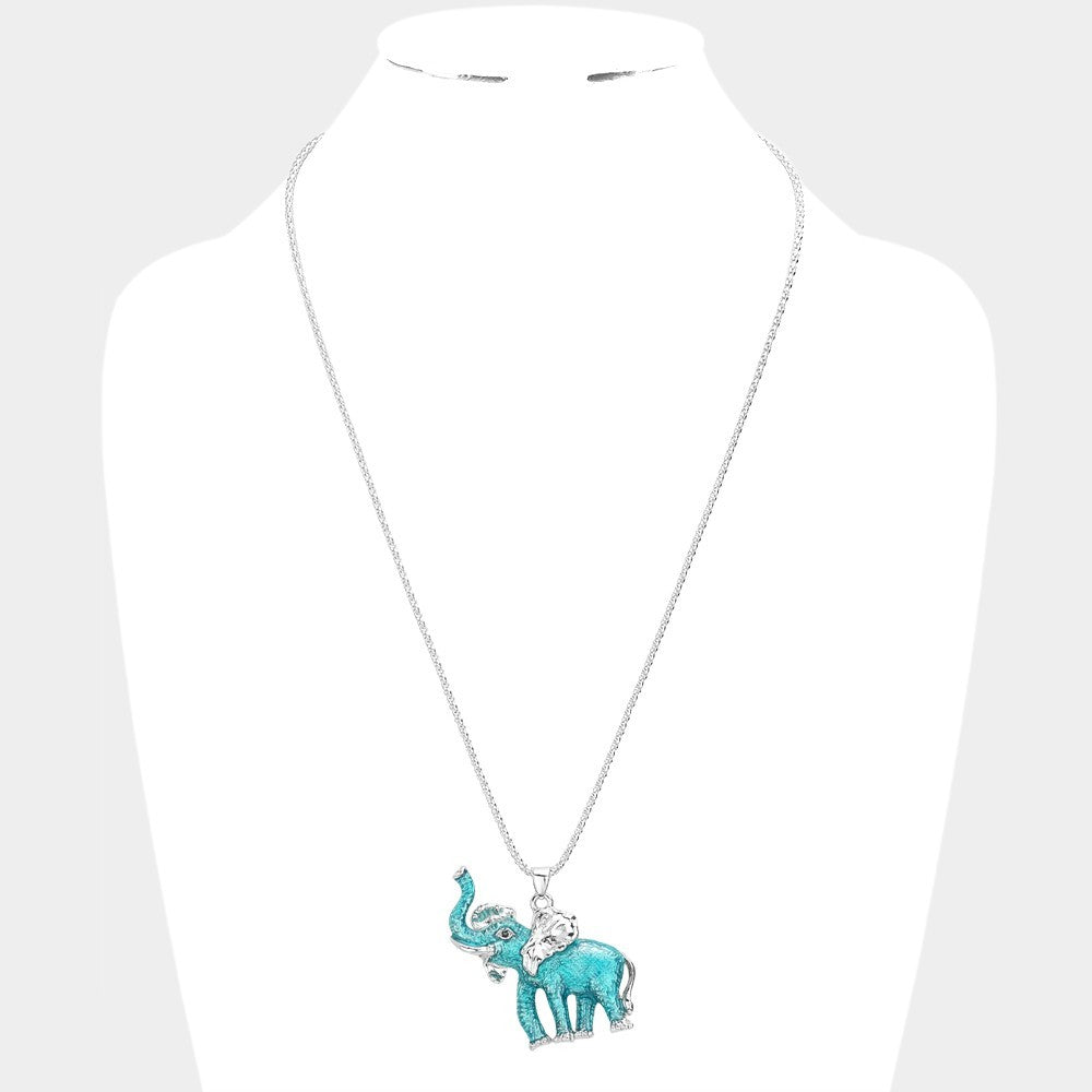 Blue Turquoise Enamel Elephant Pendant Necklace Silver Tone 24.5" Long Chain