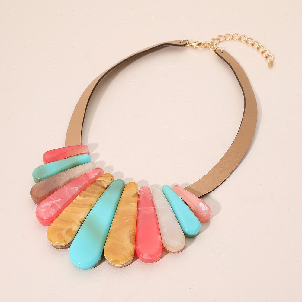 Colorful Resin Teardrop Statement Necklace with Adjustable Faux Leather Band