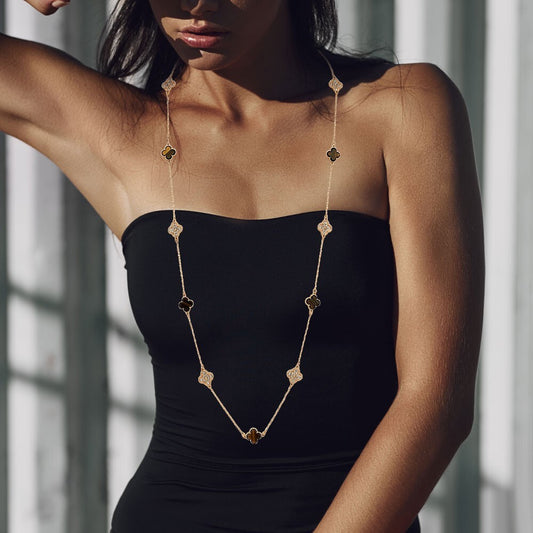 Quatrefoil Station Long Necklace Gold Plated Dainty Layering Jewelry for Women