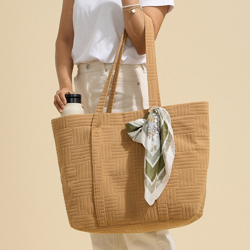 Oversized Tan Quilted Tote Bag Plush Basketweave Shoulder Beach Travel Gym