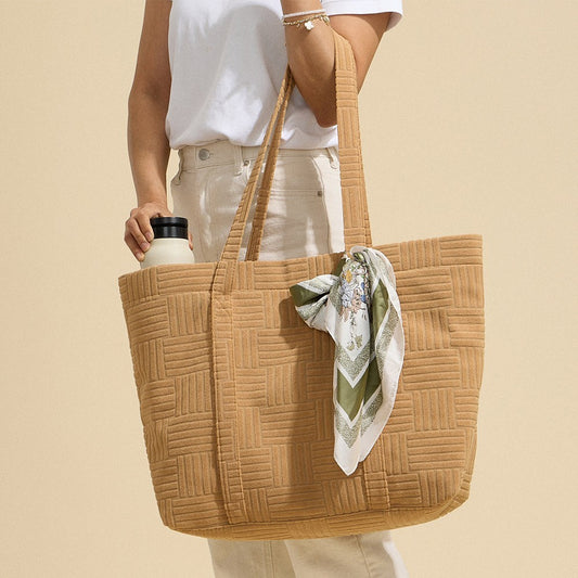 Oversized Tan Quilted Tote Bag Plush Basketweave Shoulder Beach Travel Gym