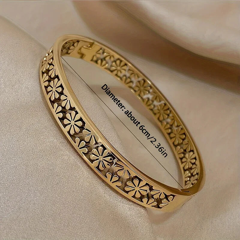 Gold Daisy Flower Open Bangle Bracelet Stainless Steel Waterproof Jewelry Women