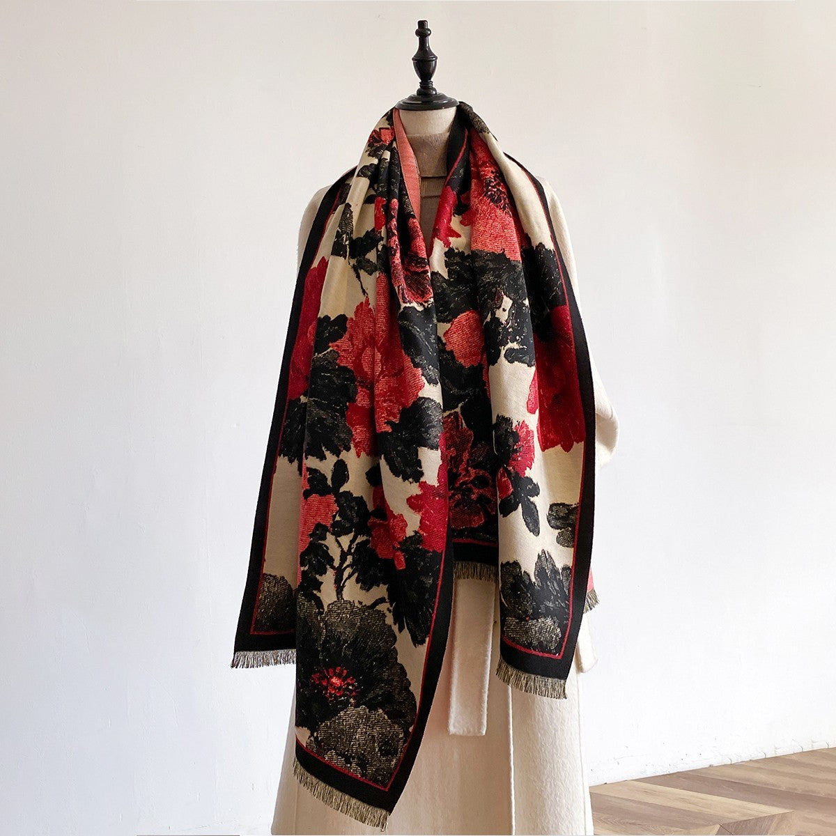 Large Red Black Floral Cashmere Feel Jacquard Oversized Shawl Scarf Wrap 73" x 2