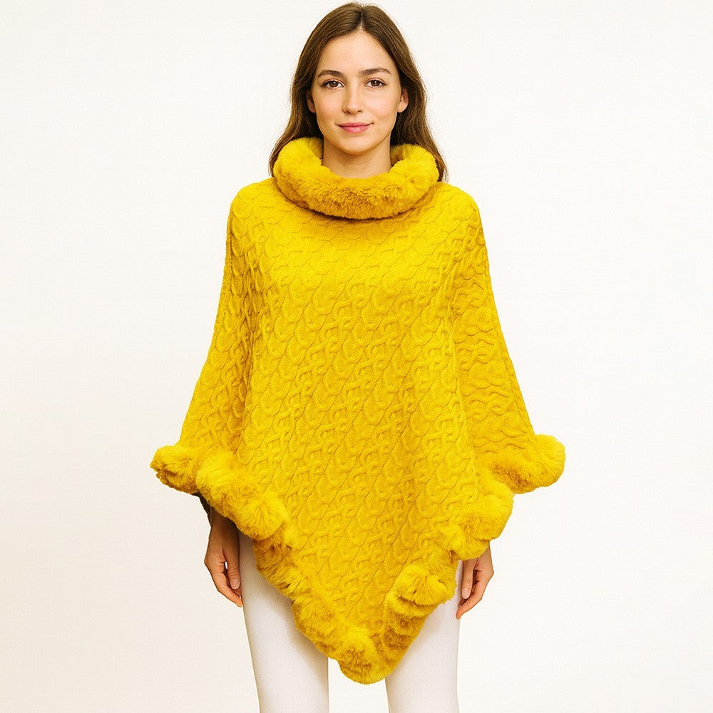 Textured Faux Fur Trim Cape Poncho Soft Warm Fashionable Outerwear for Women