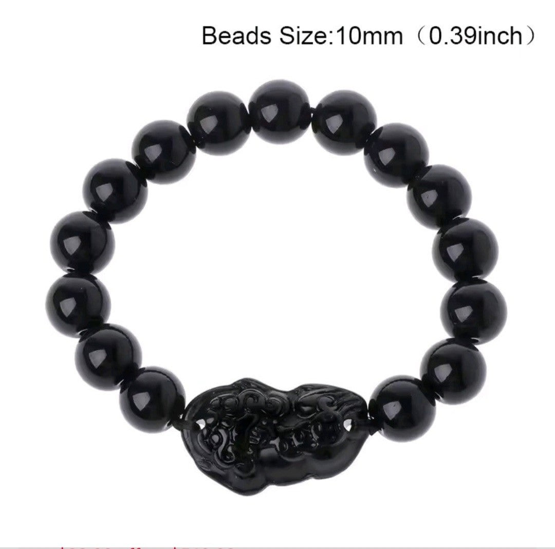 2 in 1 Black Obsidian Pixiu Bracelet Set 10mm Single Pixiu and 12mm Double Pixiu