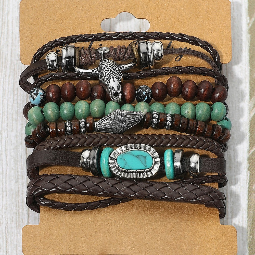 Men's Boho Bracelet Set | 6PC Leather Rope Western Bull Skull Bangle