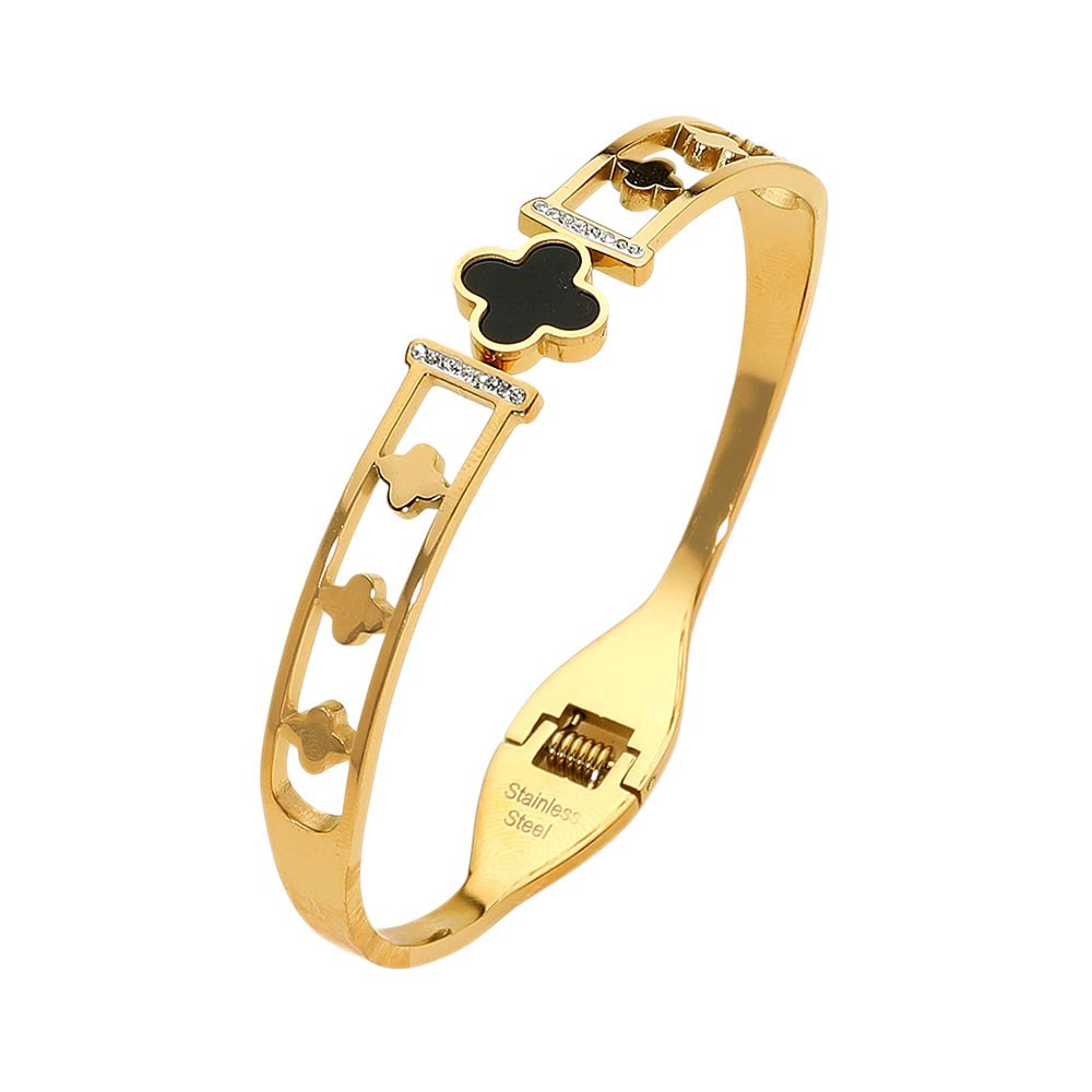 Gold & Black Stainless Steel Quatrefoil Cutout Hinged Bangle Bracelet for Women