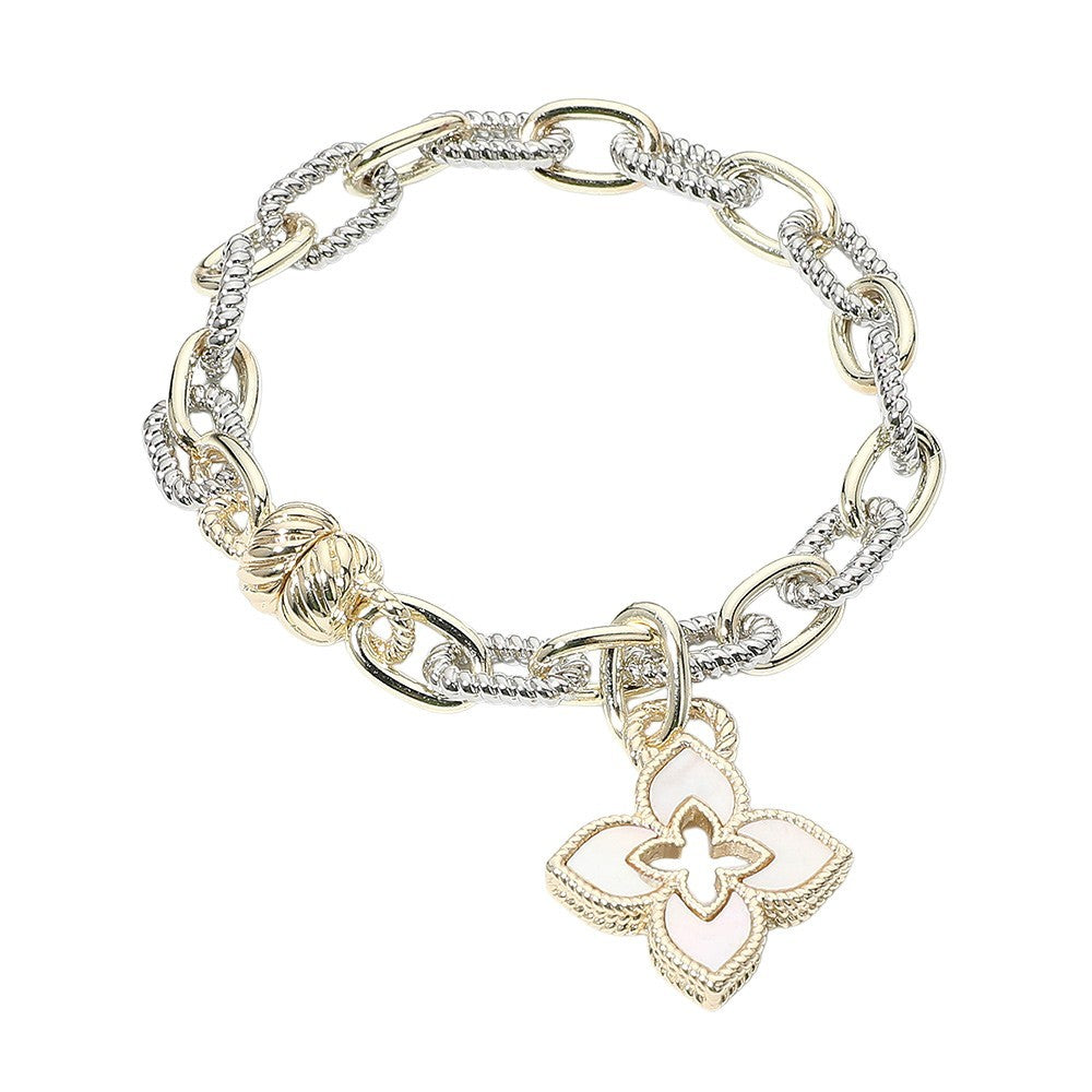 14K Gold Plated Two Tone Mother of Pearl Clover Magnetic Bracelet for Women