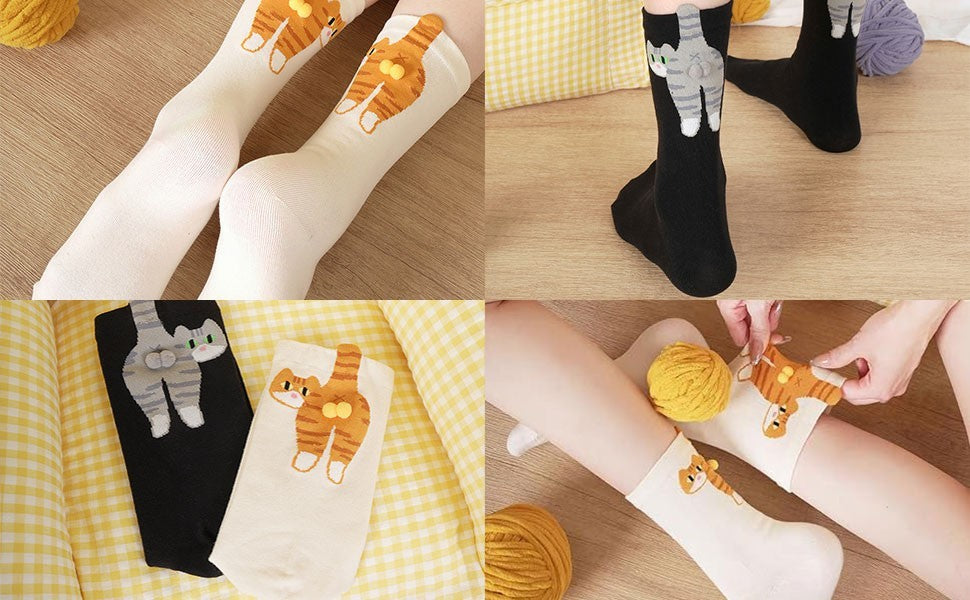 Cute 3D Cat Socks Bundle - Set of 2 Funny Cat Butt Crew Socks for Women