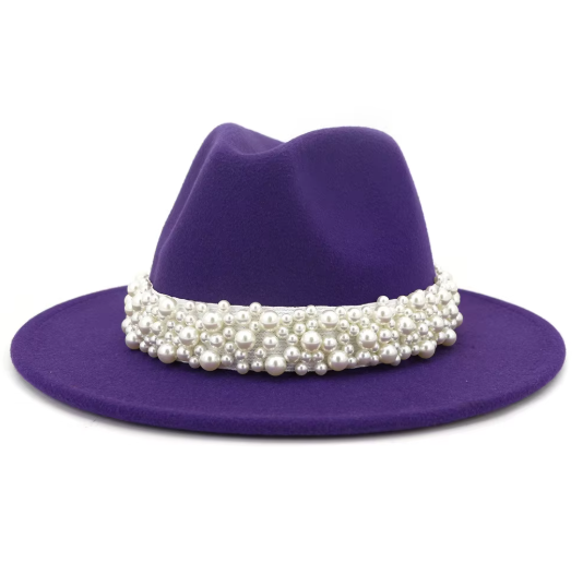 White Felt Jazz Fedora Hat with Pearl Band Wide Brim Elegant Dressy Accessory