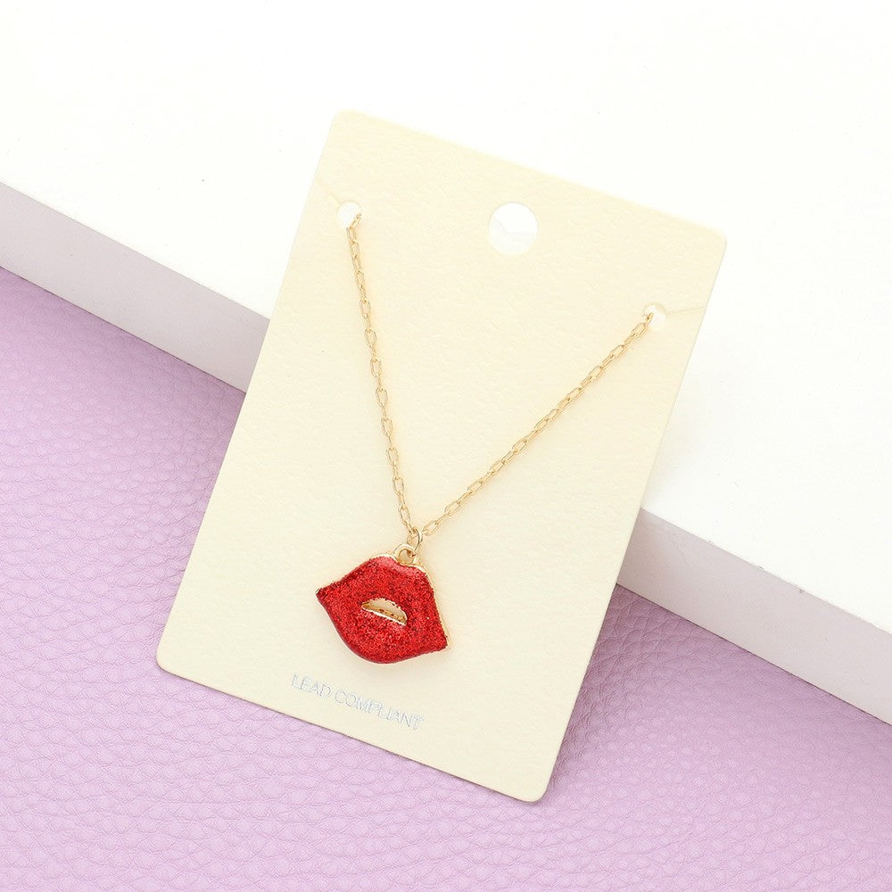 Sparkly Red Lips Pendant Necklace Dainty Gold Chain Valentine Jewelry 17 Inches