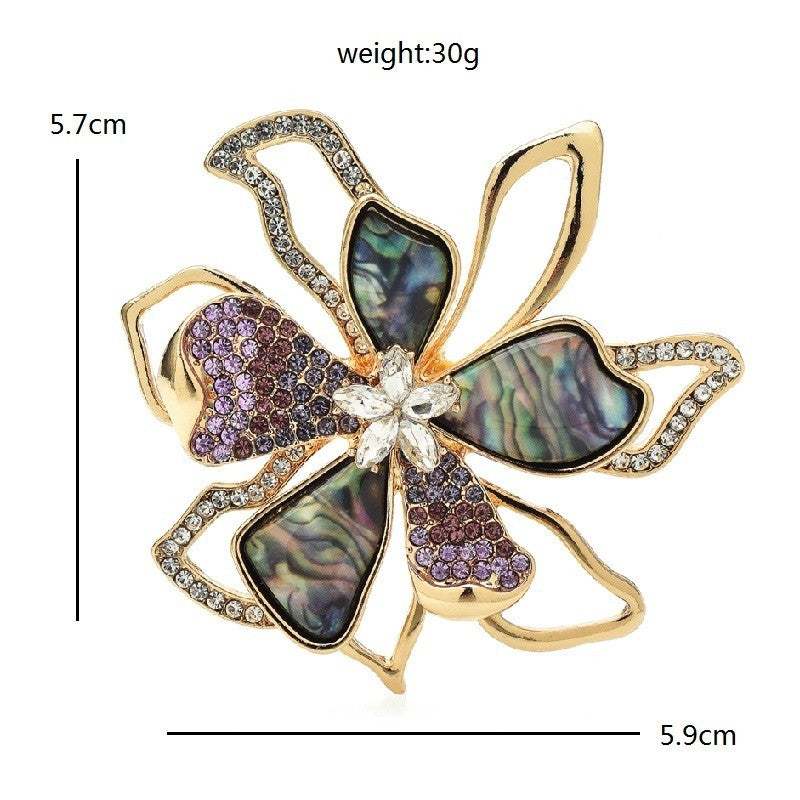 Gold Tone Abalone Shell Pin Purple Crystal Rhinestone Flower Brooch 2.3in