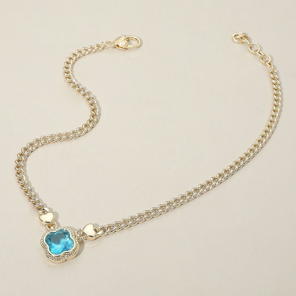 Aqua Clover Crystal Heart Charm Necklace - Gold Tone Fashion Jewelry