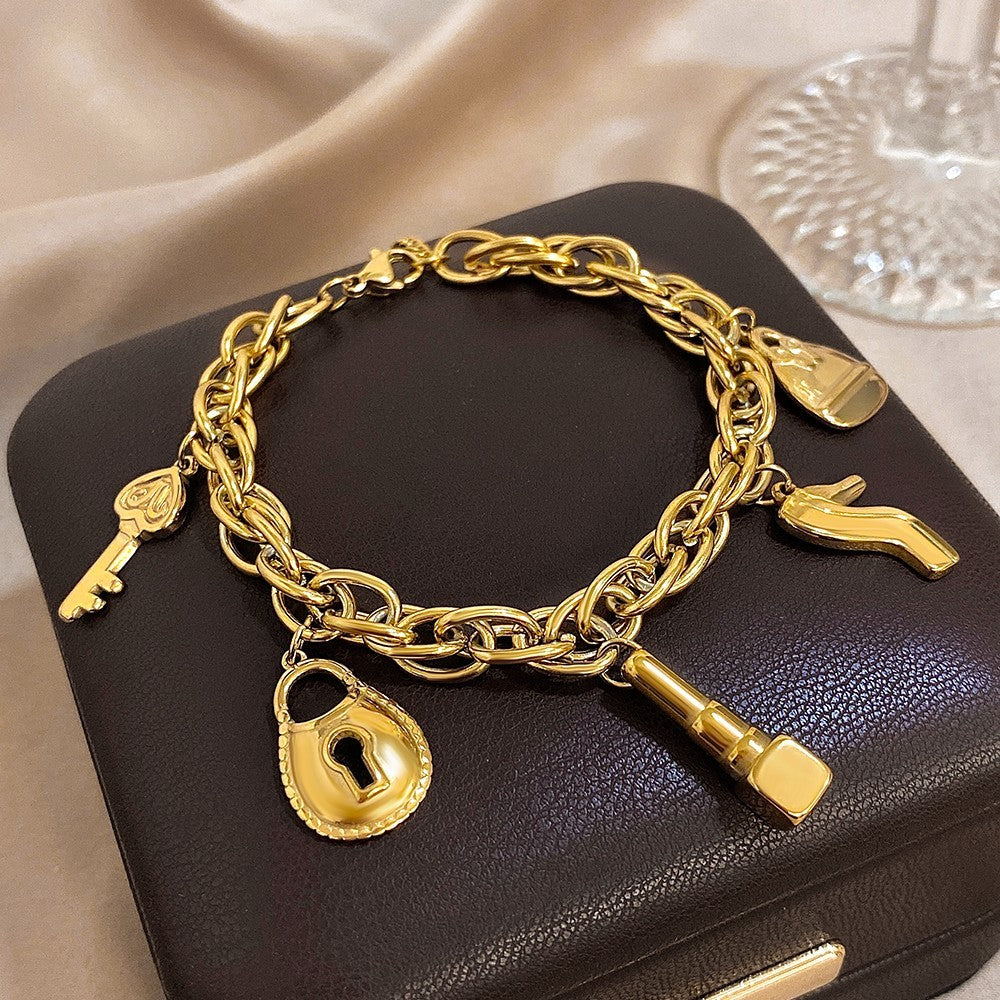Chunky Gold Charm Bracelet Lipstick High Heel Purse Key Lock Toggle Link