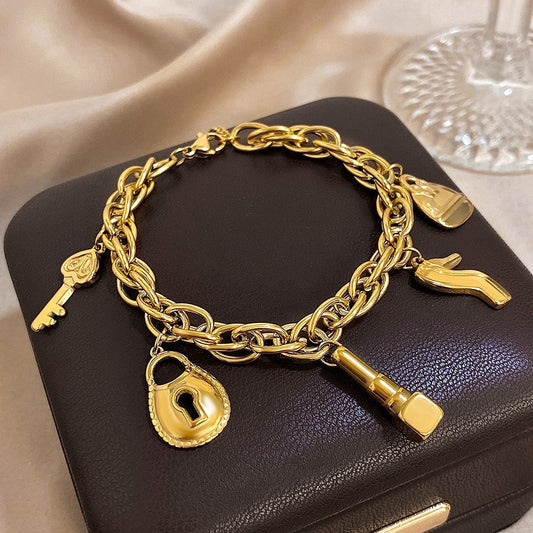 Chunky Gold Charm Bracelet Lipstick High Heel Purse Key Lock Toggle Link