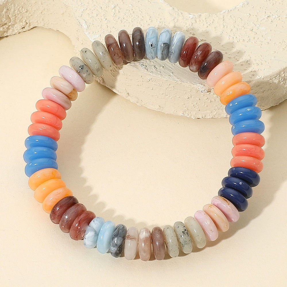 Colorful Marbled Resin Disc Bead Stretch Bracelet Bohemian Stackable 0.4"