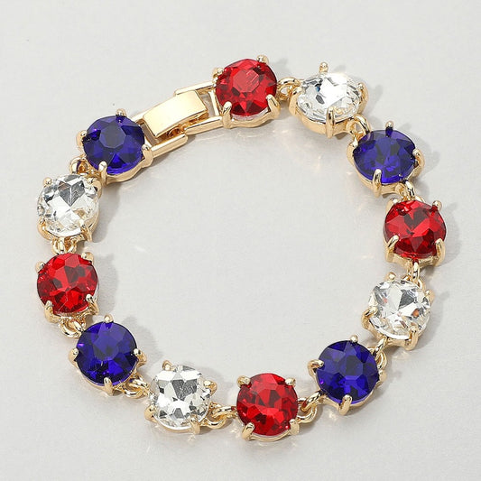 Red White and Blue Crystal Link Bracelet Gold Tone Patriotic Statement Jewelry