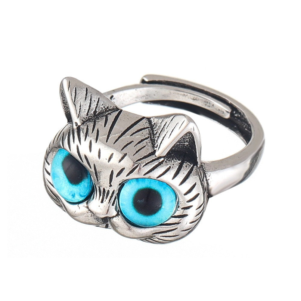 2 Pcs Adjustable Cat Rings Blue Eyes Pet Lover Animal Jewelry Gift for Women
