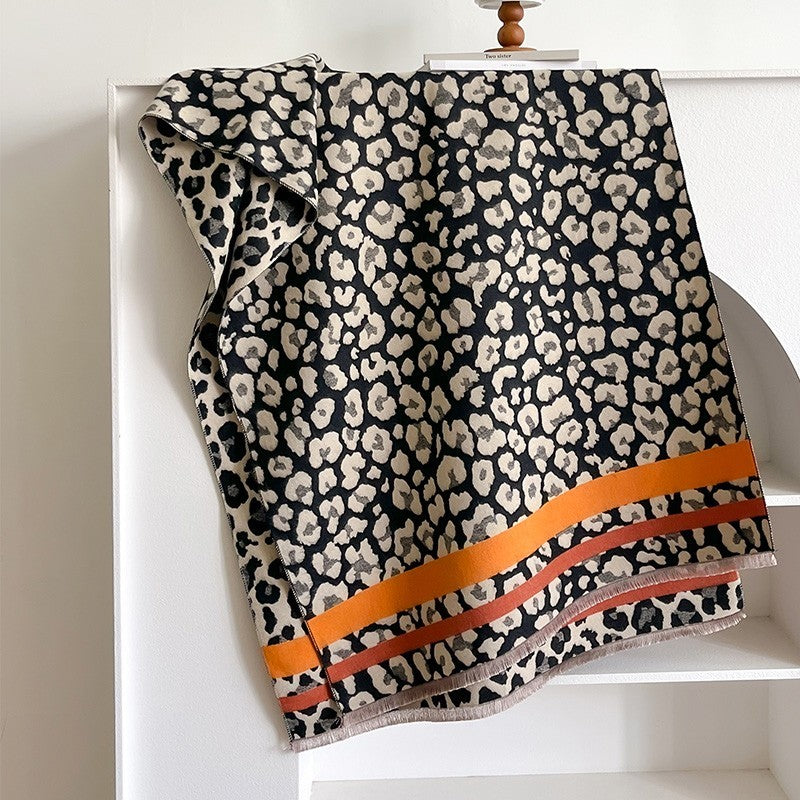 Chic Leopard Print & Orange Stripe Scarf Large Winter Wrap Shawl for Women