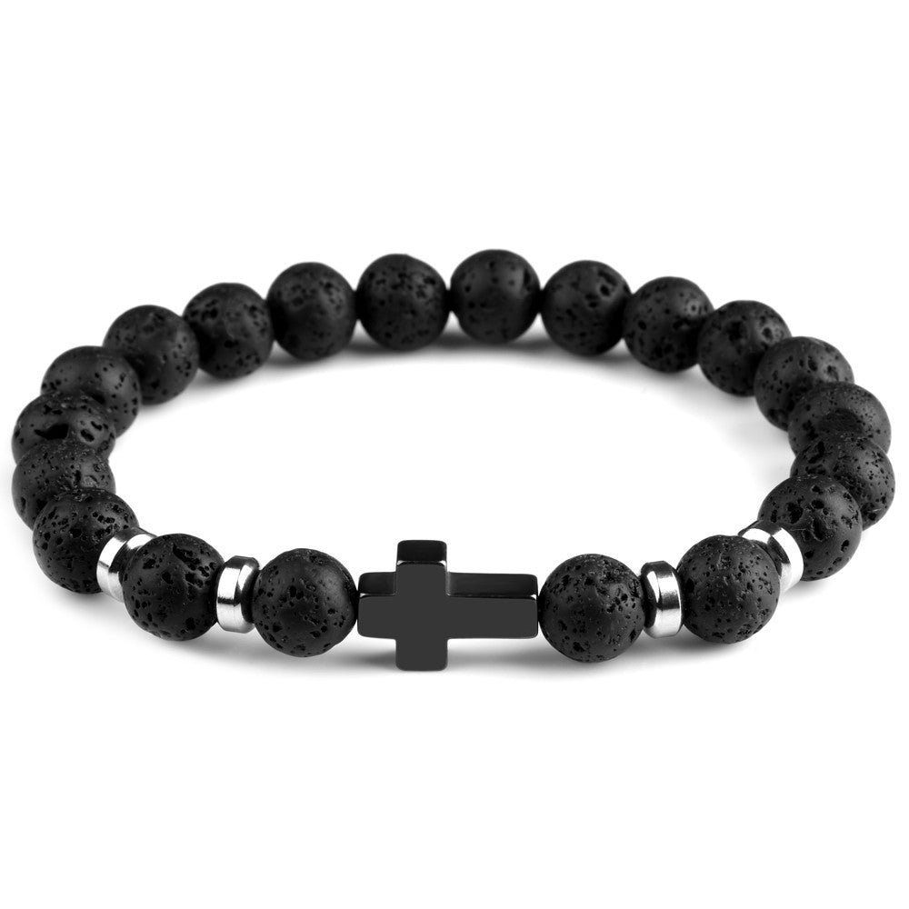 Men's Black Lava Stone Bracelet with Black Cross & Silver Accents  Jewelry