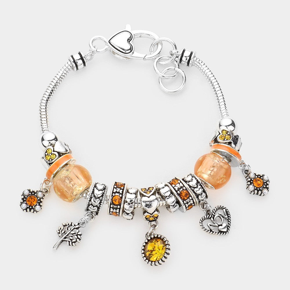 November Birthstone Heart Charm Bracelet Yellow Beaded Stretch Jewelry Gift