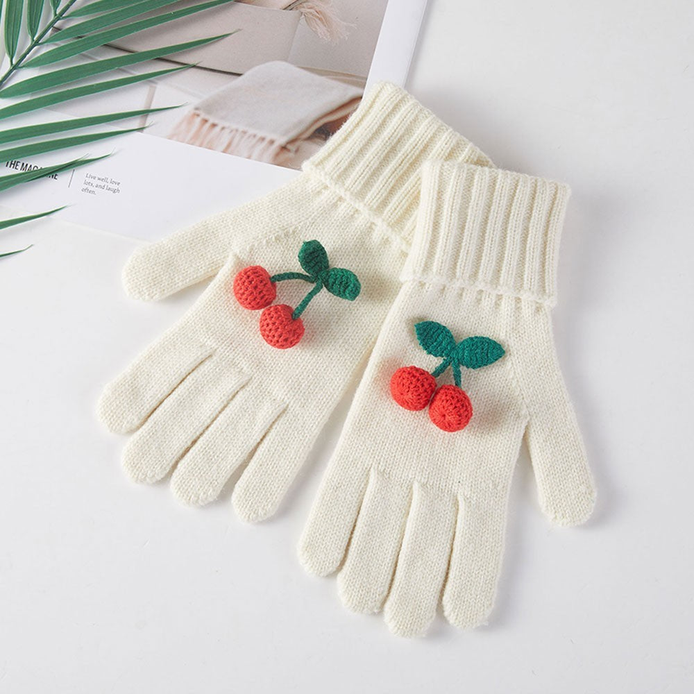 Womens OS Cozy Cherry Accent Winter Beanie Hat and Gloves Set 100% Acrylic Ivory