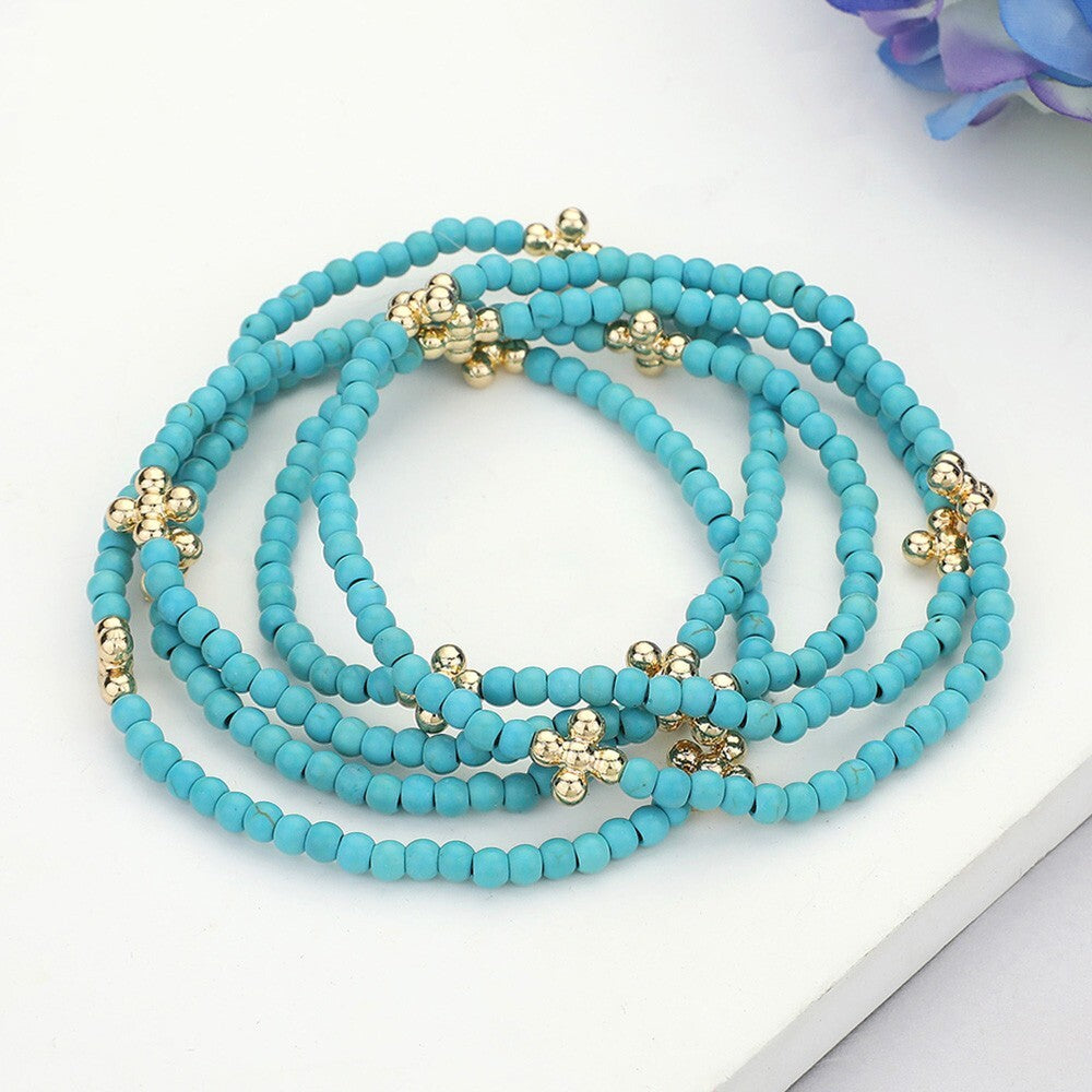 5PCS Metal Bubble Flower Pointed Seed Beaded Multi Layered Bracelets for Women