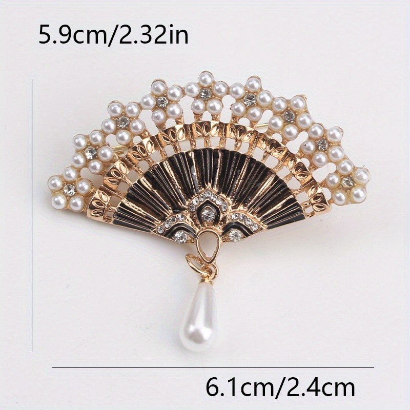2pcs Folding Fan Brooch Pin Pearl Rhinestone Vintage Enamel Jewelry Set