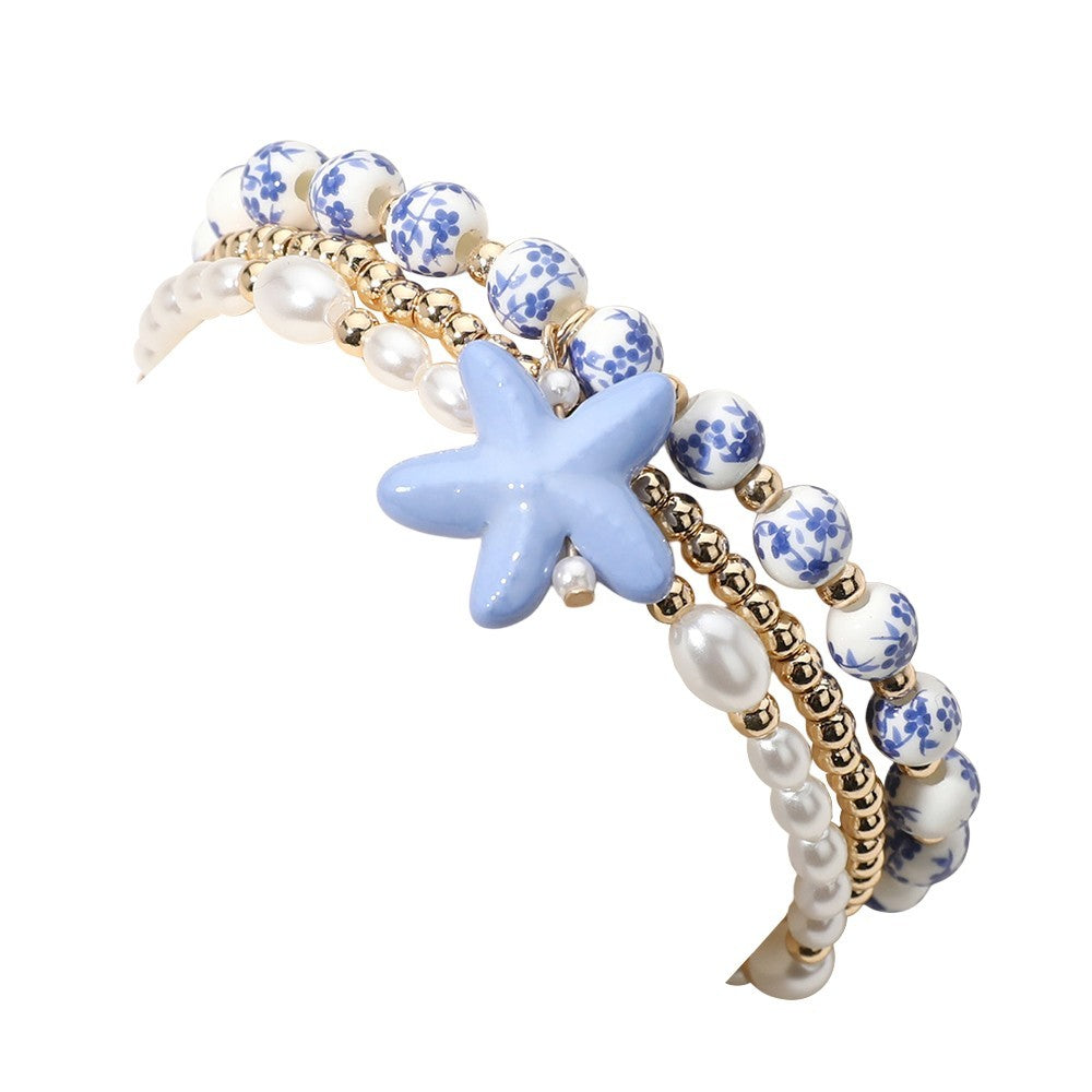 3 Piece Stretch Bracelet Set Starfish Charm Pearl Ceramic Beaded Beach Jewelry