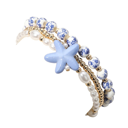 3 Piece Stretch Bracelet Set Starfish Charm Pearl Ceramic Beaded Beach Jewelry