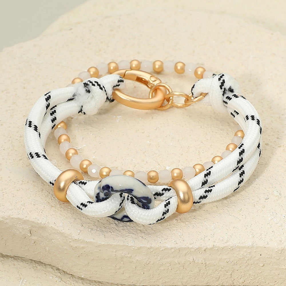 Double Strand White Nautical Rope & Gold Tone Beaded Bracelet Sailor Knot Beach