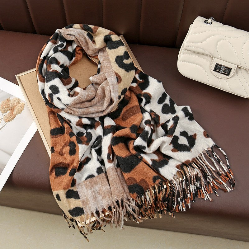 Patchwork Leopard Animal Print Scarf Shawl Oversized Cozy Tassel Wrap Winter