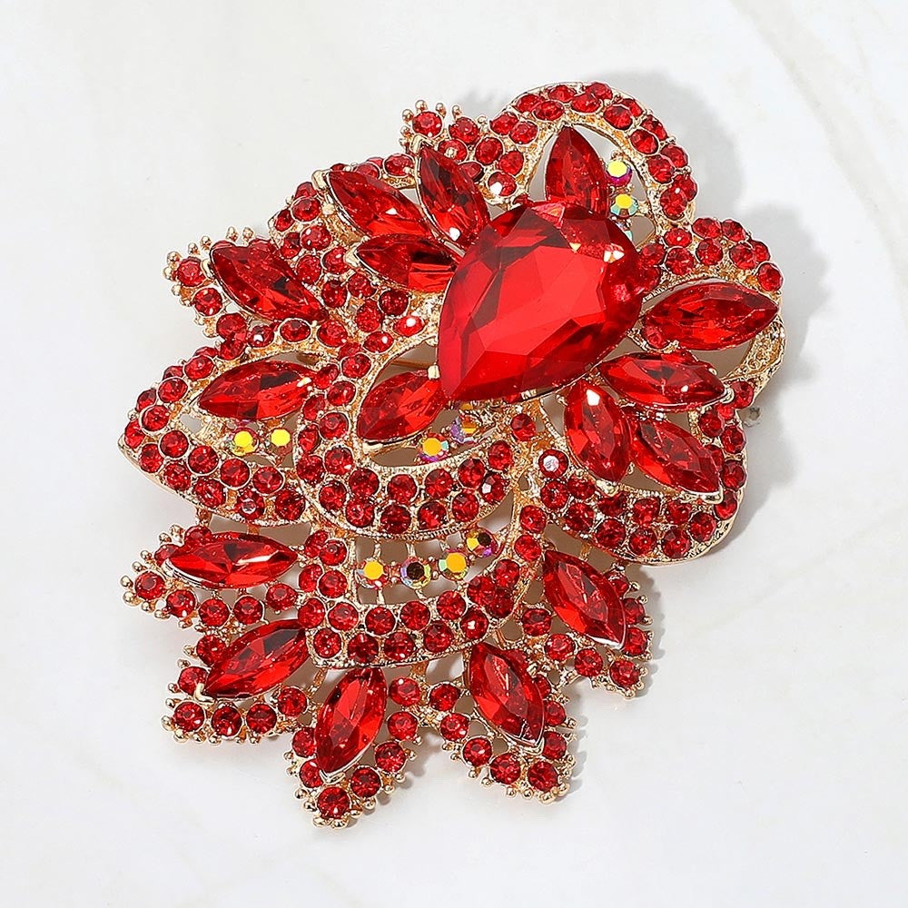 Sparkling Ruby Red Crystal Floral Statement Brooch Gold Tone Large Pear Pin