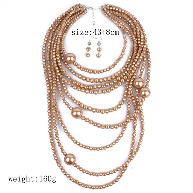 Multi Strand Champagne Pearl Necklace Earring Set Statement Jewelry