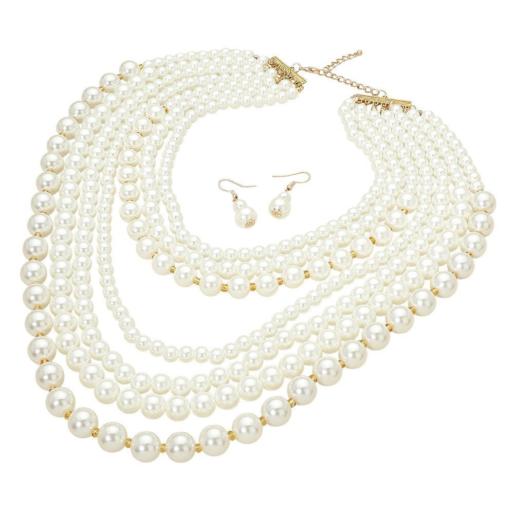 Gold Tone Multi Strand Bold Cream Faux Pearl Statement Necklace and Earrings