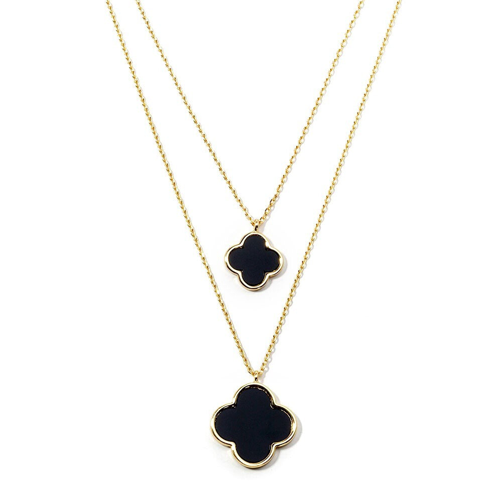 Gold Black Quatrefoil Pendant Double Layered Necklace for Women Jewelry