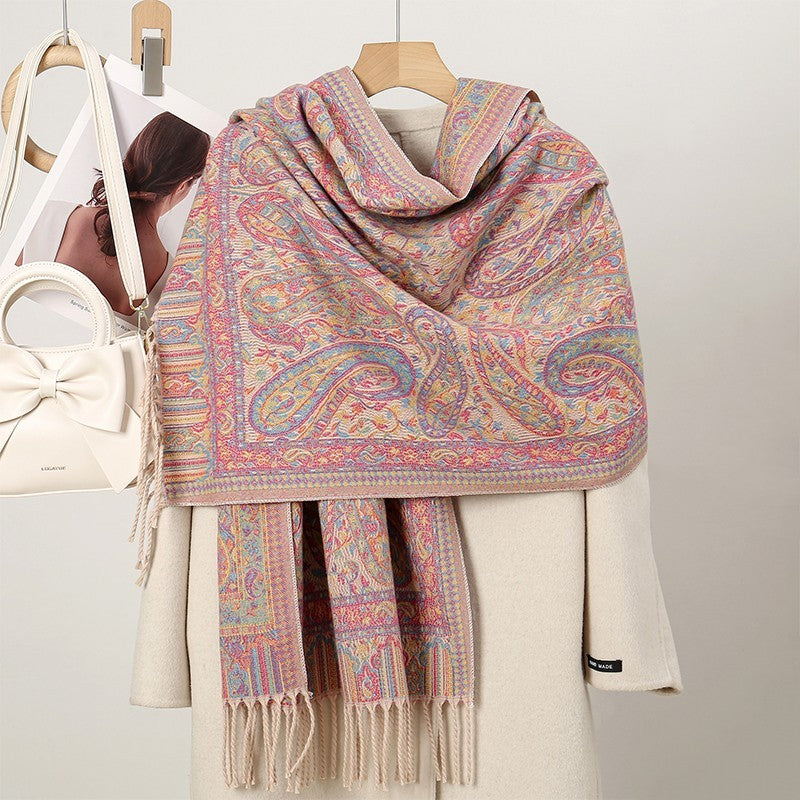 Vintage Paisley Shawl Scarf Wrap Winter Tapestry Fringe Boho Green Red Gift