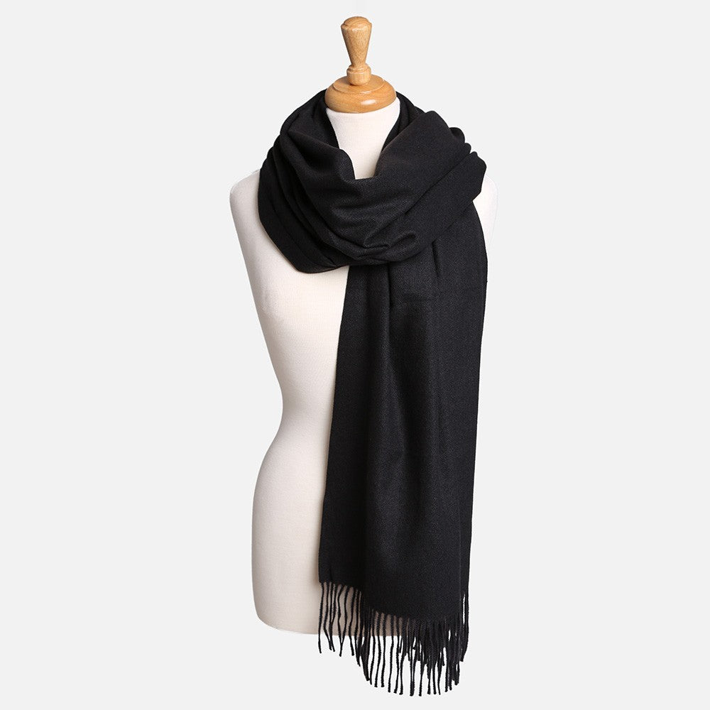 Black Solid Oblong Scarf with Tassels Soft Lightweight Wrap Shawl for Women