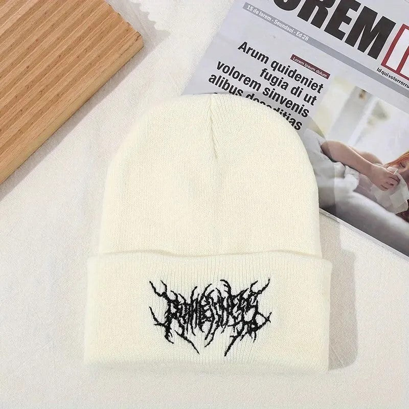 2pcs Black & White Knit Beanies – Gothic Embroidered Logo, Unisex Streetwear Hat
