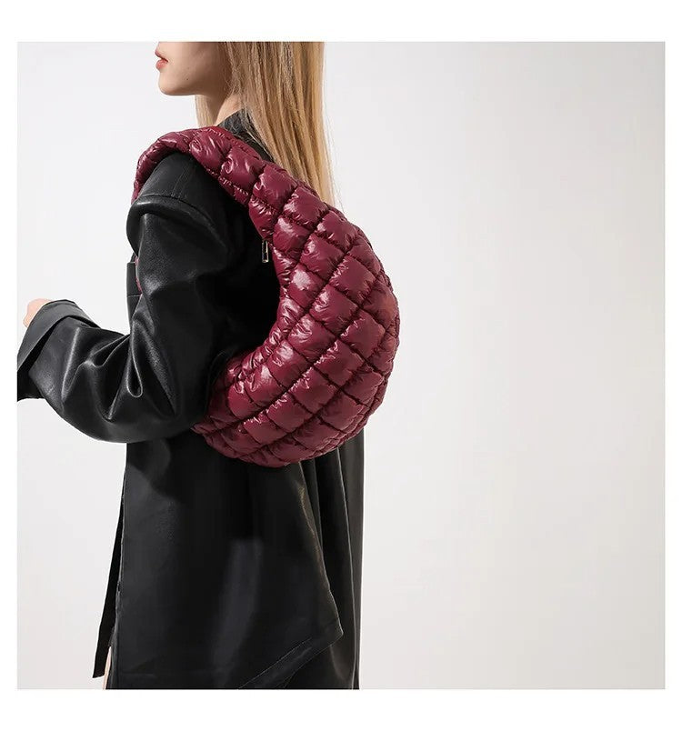 Women's Burgundy Puffer Quilted Crescent Hobo Shoulder Bag Purse