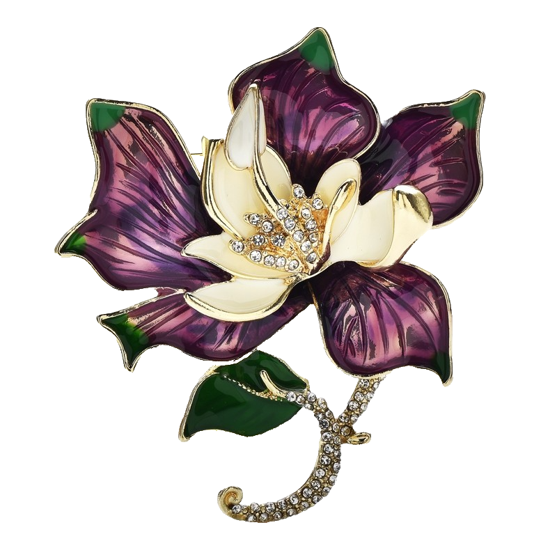 Purple Orchid Flower Brooch Enamel Rhinestone Gold Tone Floral Pin Statement