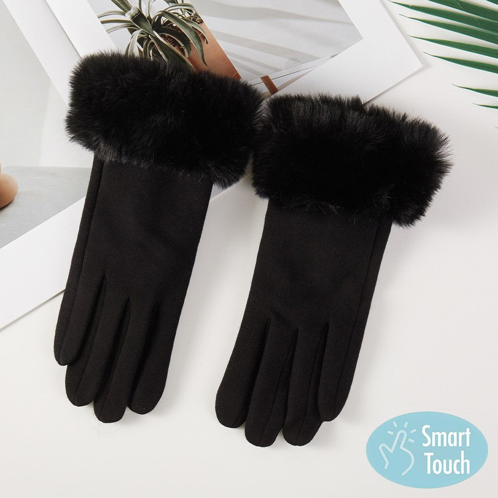2pcs Black & Pink Faux Fur Gloves Set Winter Touchscreen Accessory for Women
