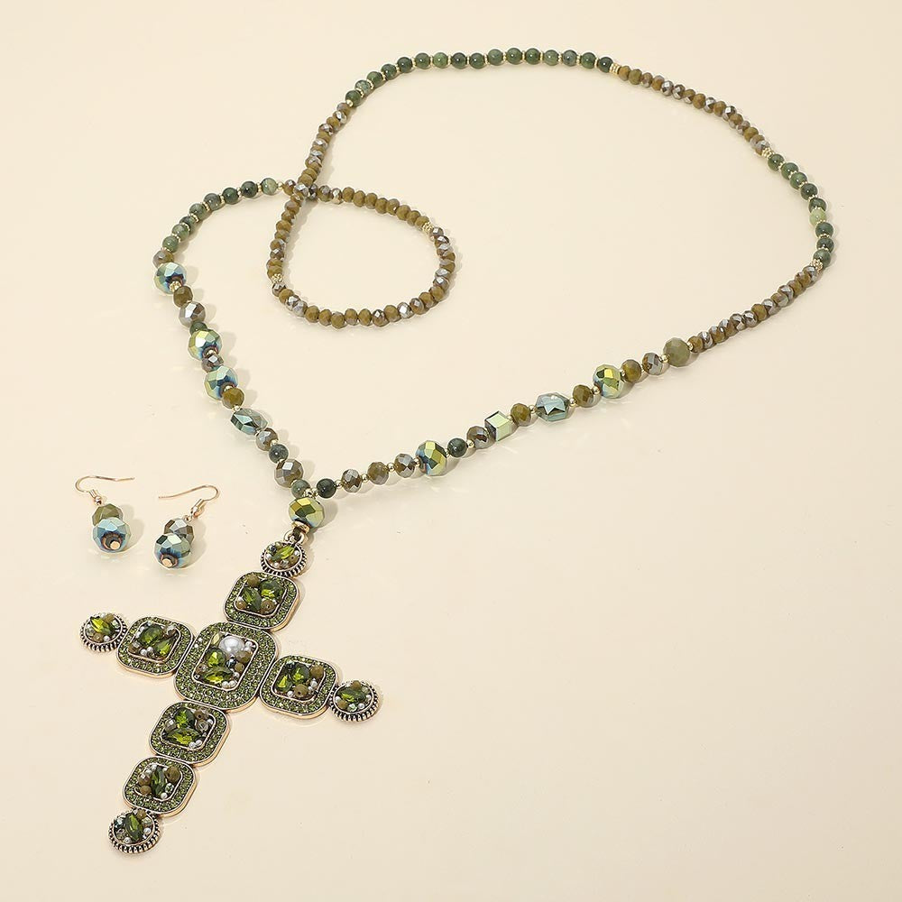 Long Green Beaded Cross Necklace & Dangle Earrings Set Antique Gold Tone