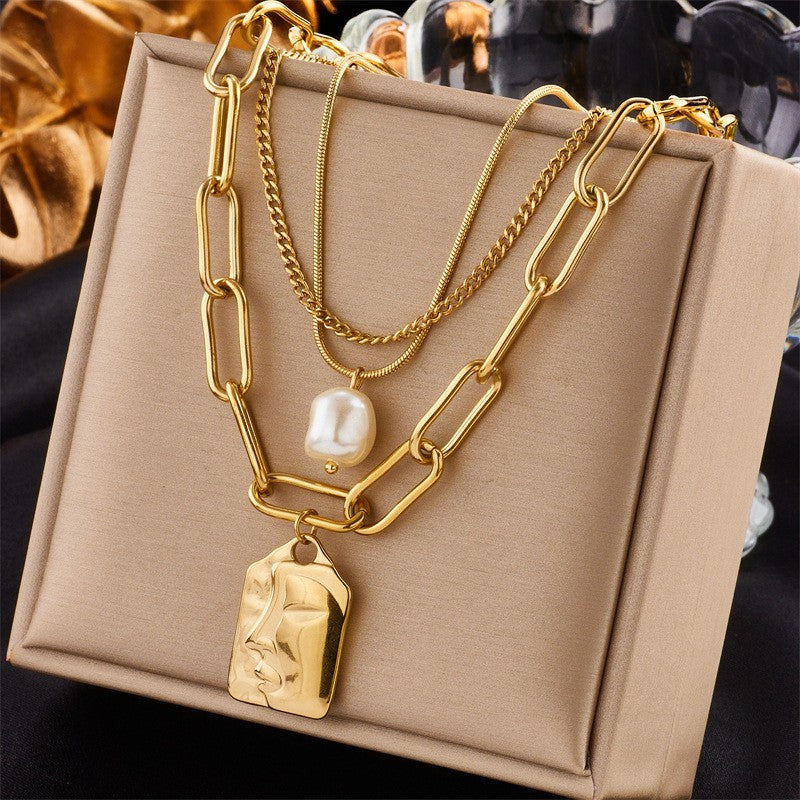 Stainless Steel Gold Tone Portrait Pendant Necklace for Women Layered Necklaces