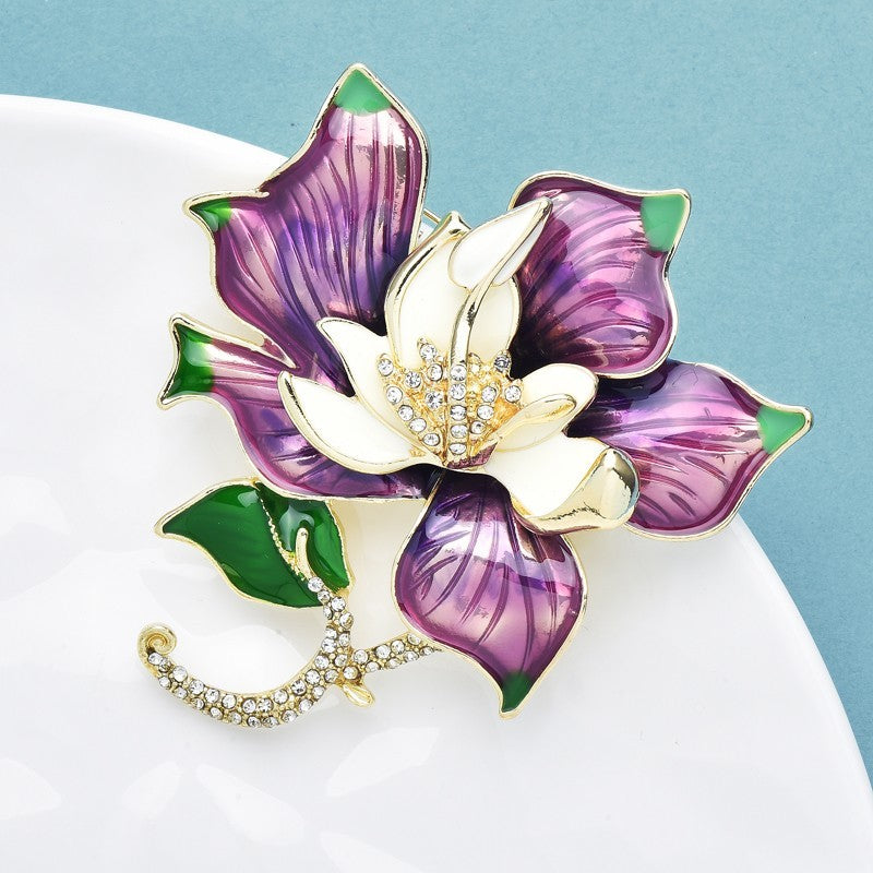 Purple Orchid Flower Brooch Enamel Rhinestone Gold Tone Floral Pin Statement